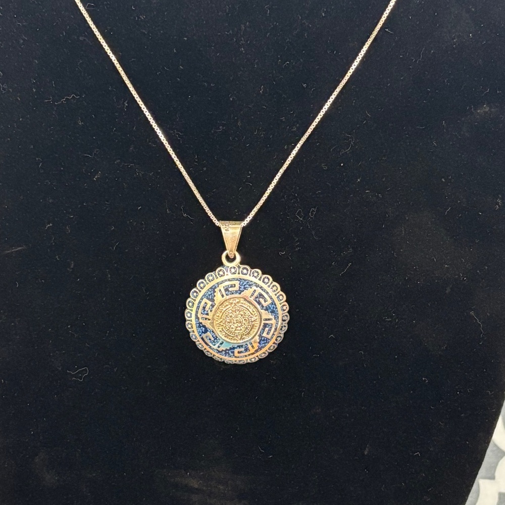 Blue and Silver Mayan Pendant Necklace